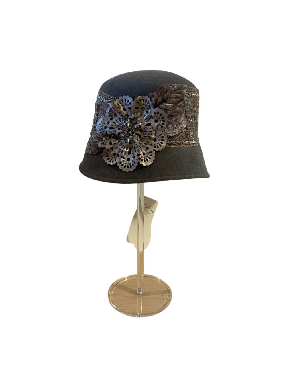 Louise Green Womens Wool Cloche Hat With Metallic Floral Lace Detail Deadstock